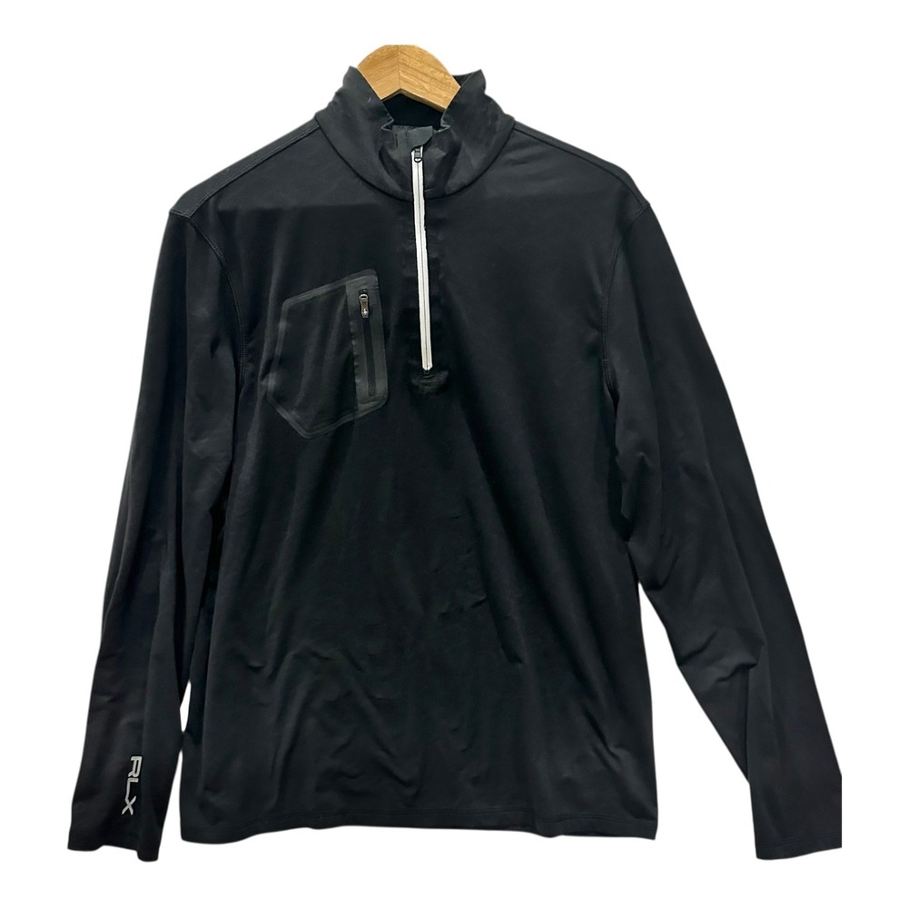 RLX Ralph Lauren Mens L Black Quarter Zip Performance Golf Pullover Chest Pocket
